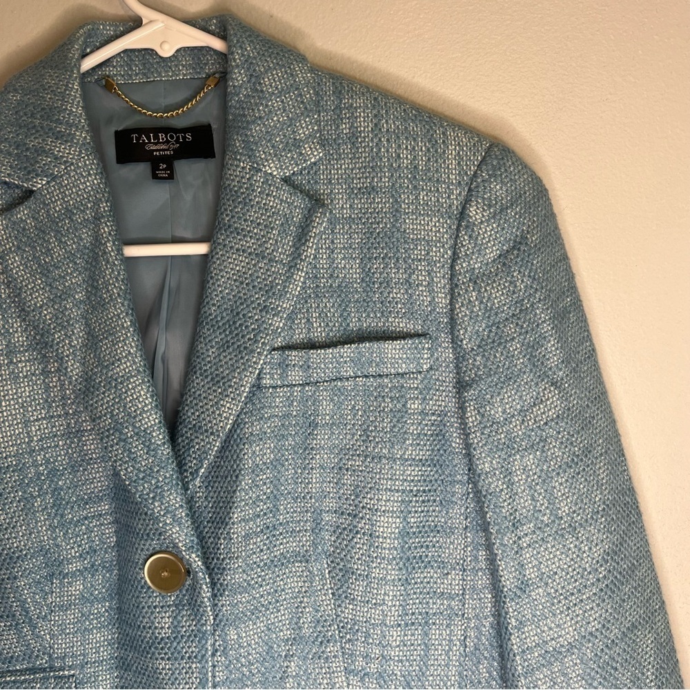 Talbots Womens Blazer Petite Sz 2 Tweed Linen Blend Preppy Blue Office Academia - Picture 6 of 10